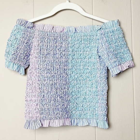 Petersyn NWT Kinsey Top XS smocked off the shoulder pastel spring cropped ruffle - Picture 2 of 11
